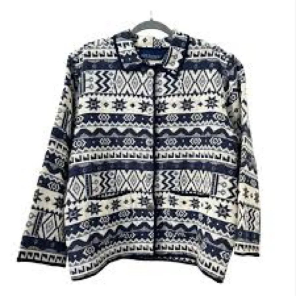 Jane Ashley Tapestry Jacket size M Button Front Aztec Southwestern Navy White